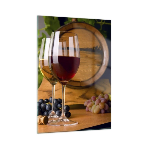 Impression sur verre - Image sur verre - Verres de vin, raisins et un tonneau sur fond de feuilles de vigne - 50x70cm - Comme les vieux maîtres - Décoration murale moderne pour le salon et la chambre ARTTOR