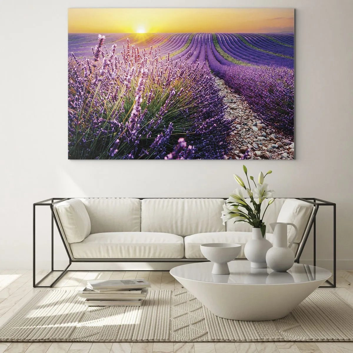 Impression sur verre - Image sur verre - Champ de lavande au lever du soleil avec un chemin rocailleux - 120x80cm - Tige parfumée - Décoration murale moderne pour le salon et la chambre ARTTOR