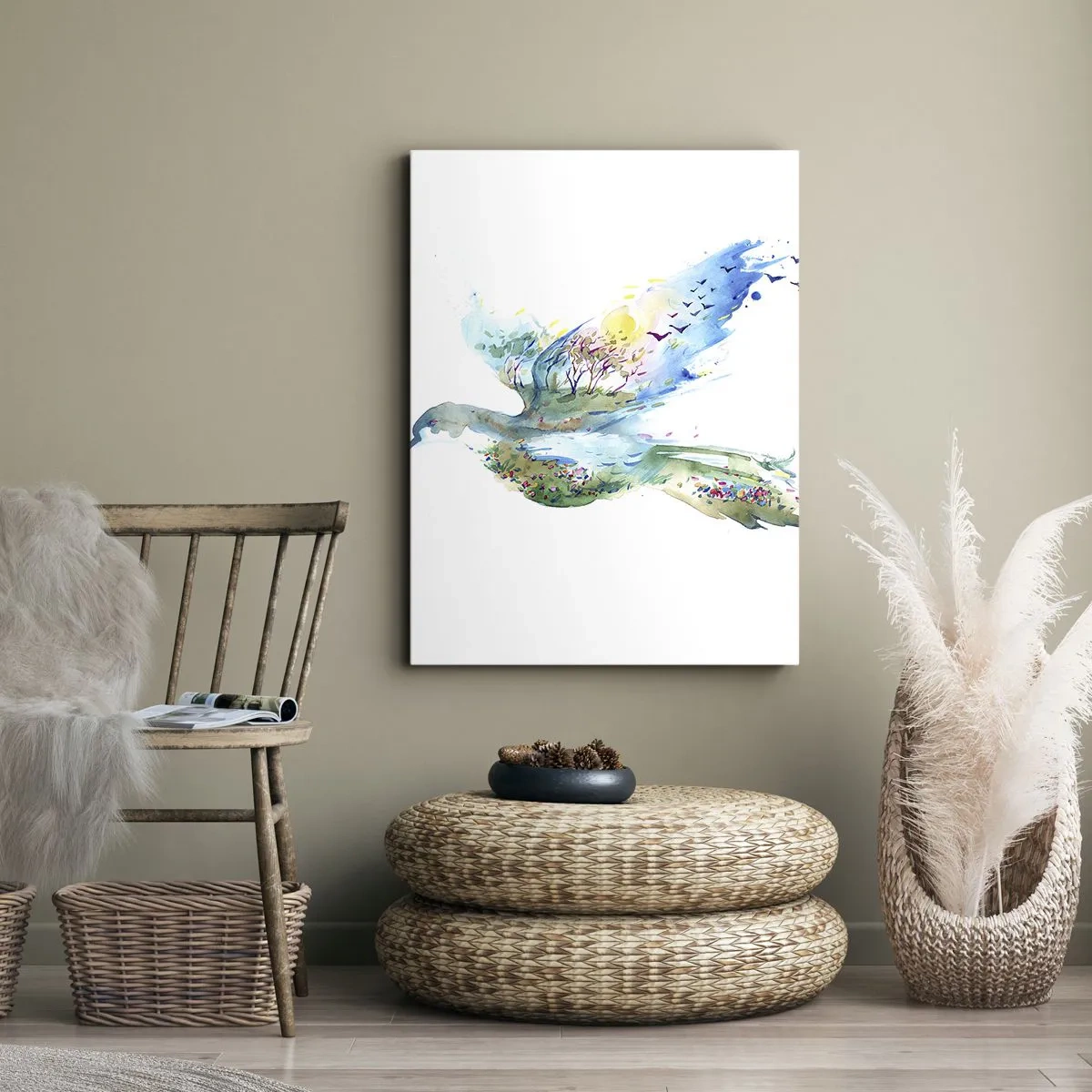 Impression sur toile - Image sur toile - Composition à l'aquarelle d'un oiseau avec des éléments de la nature - 80x120cm - Sur les ailes de la nature - Décoration murale moderne pour le salon et la chambre ARTTOR