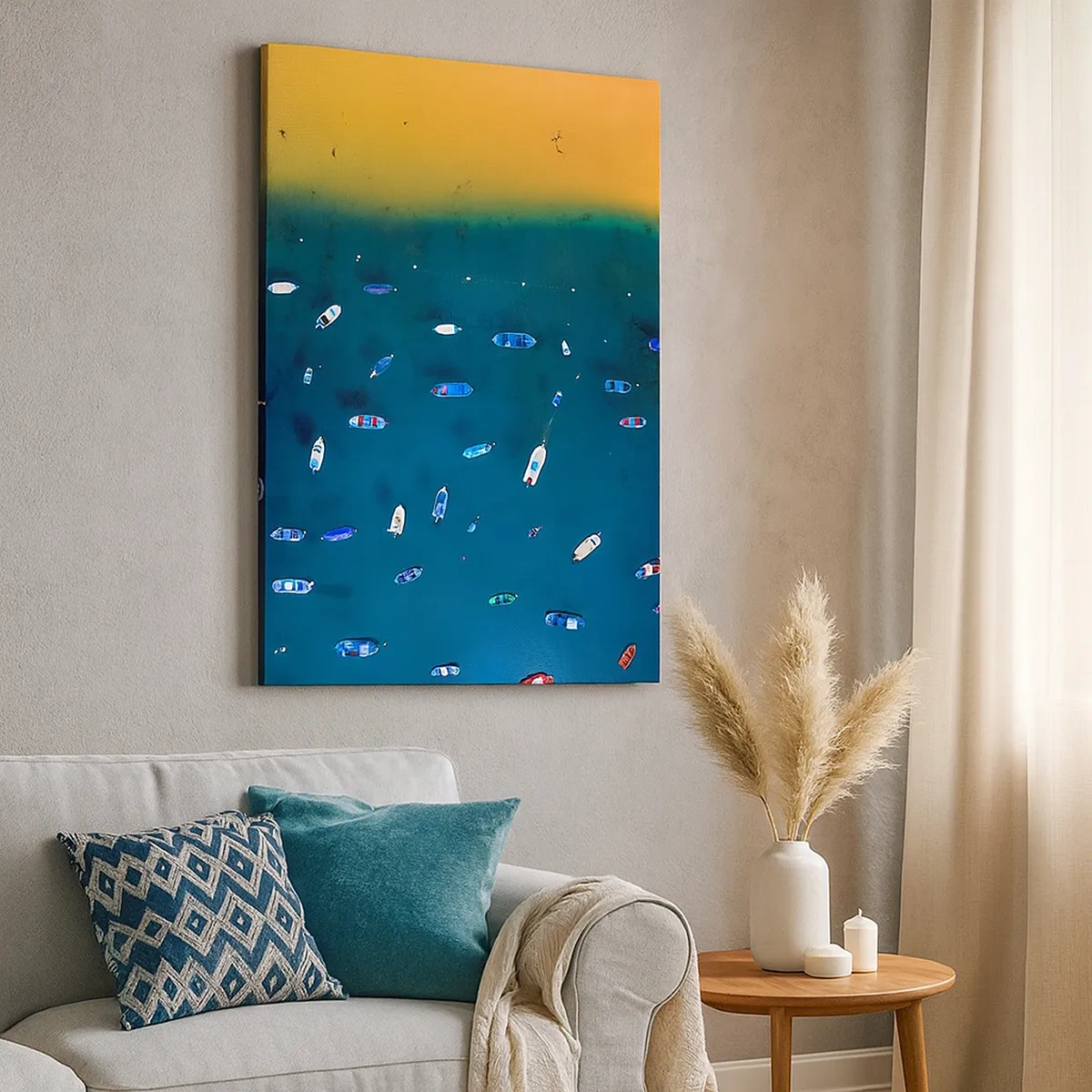 Impression sur toile - Image sur toile - Vue aérienne de bateaux sur l'eau et d'un rivage sablonneux - 50x70cm - Jeu de vacances - Décoration murale moderne pour le salon et la chambre ARTTOR