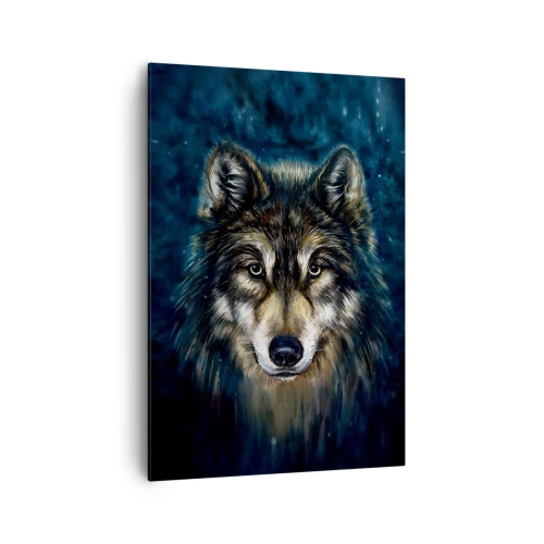 Impression sur toile - Image sur toile - Portrait d'un loup sur fond bleu foncé - 70x100cm - Alpha? Et oméga - Décoration murale moderne pour le salon et la chambre ARTTOR