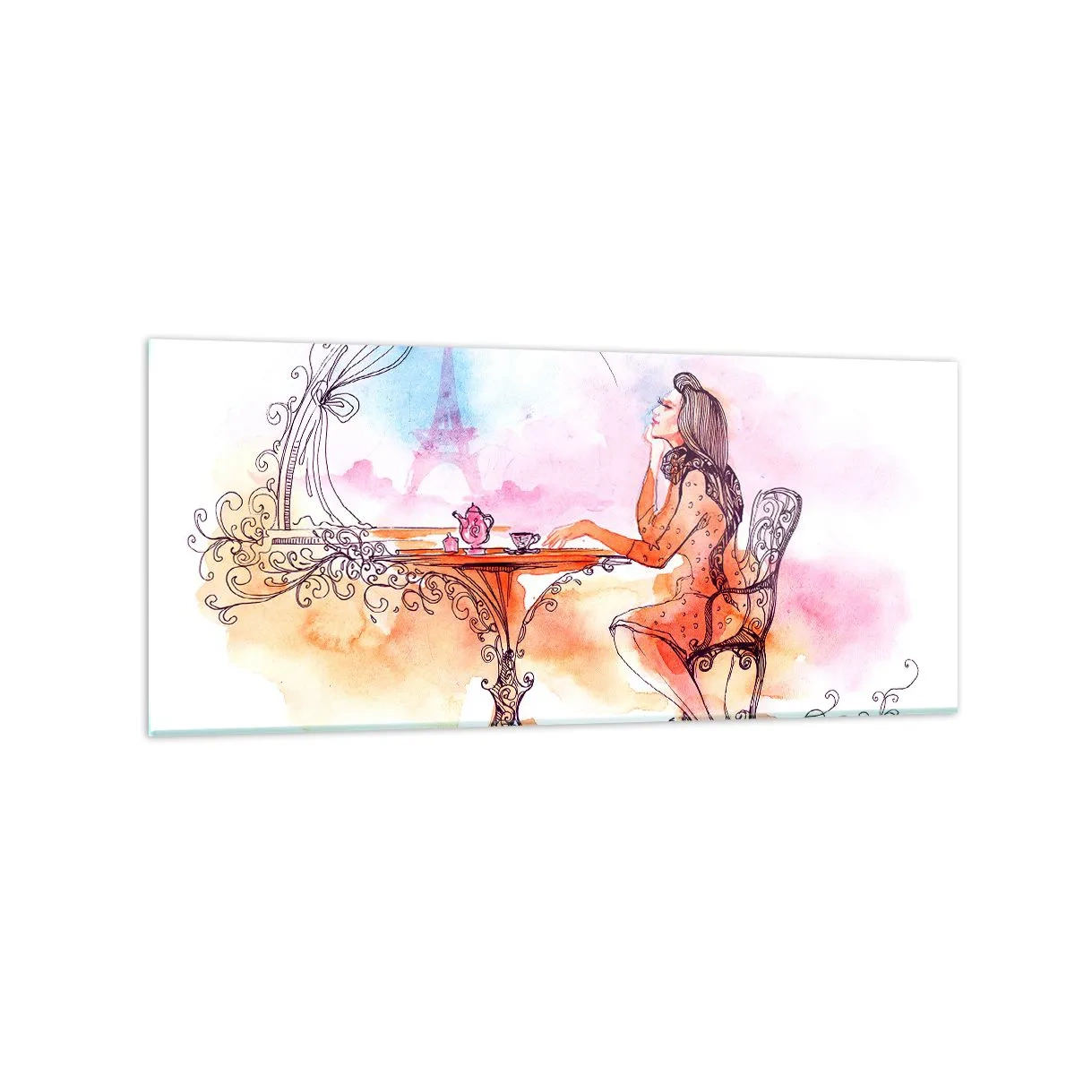 Impression sur verre - Image sur verre - Aquarelle romantique d'une femme dans un café surplombant une tour - 120x50cm - Le chic parisien - Décoration murale moderne pour le salon et la chambre ARTTOR