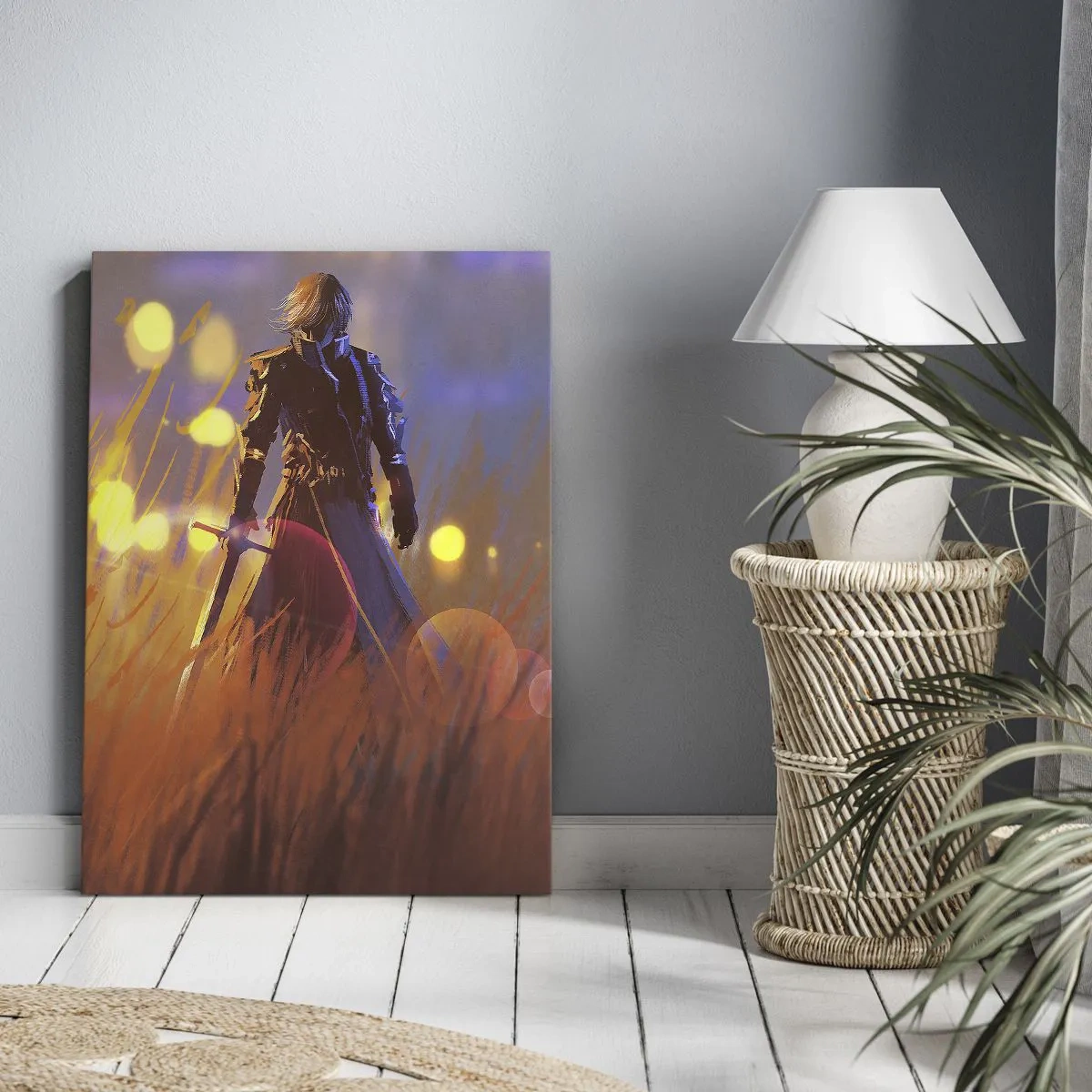 Impression sur toile - Image sur toile - La figure d'un chevalier à la lumière du soleil couchant dans un champ - 70x100cm - Chevalier errant - Décoration murale moderne pour le salon et la chambre ARTTOR