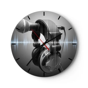 Horloge murale - Pendule murale - Microphone et casque avec onde sonore sur fond gris - 30x30cm - Vous pouvez encore entendre son chant - Décoration murale moderne pour le salon, la cuisine et la chambre ARTTOR