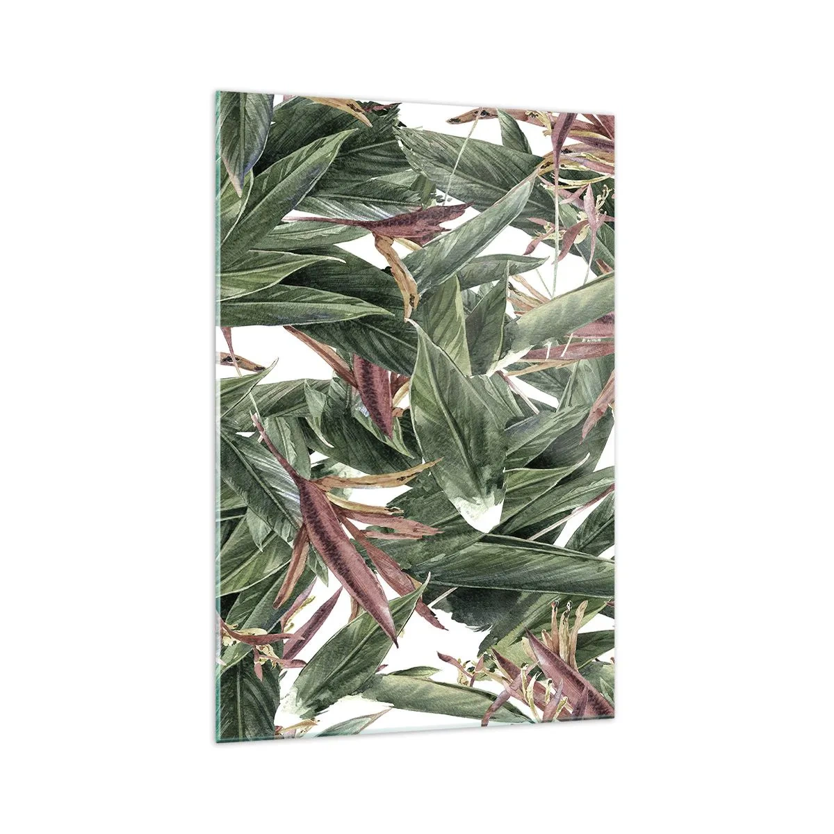 Impression sur verre - Image sur verre - Un motif de feuille décoratif dans des tons de vert et de bordeaux sur un fond clair - 70x100cm - Arbuste émeraude-lilas - Décoration murale moderne pour le salon et la chambre ARTTOR