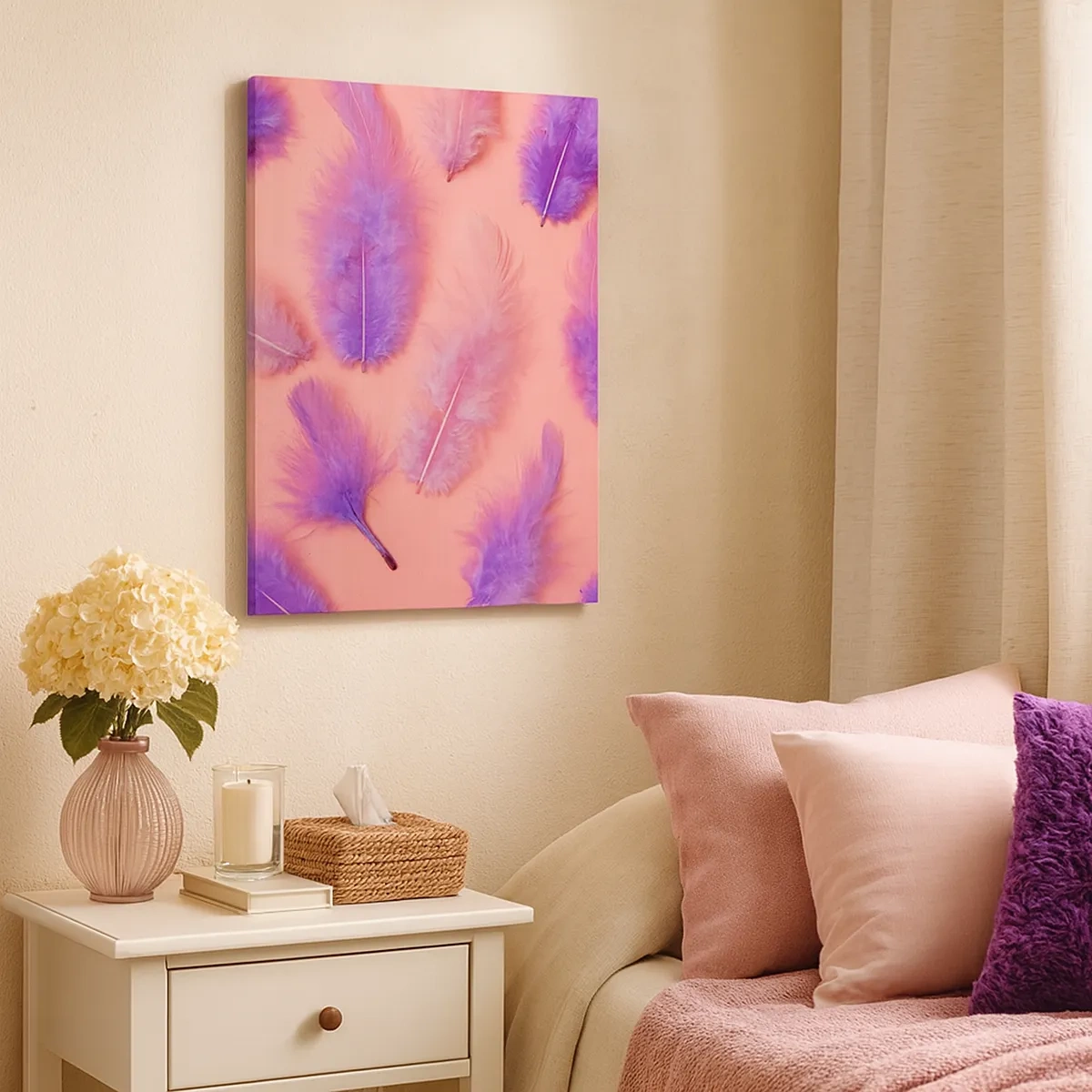 Impression sur toile - Image sur toile - Plumes violettes et roses sur fond pastel - 50x70cm - Oiseau de désir lilas - Décoration murale moderne pour le salon et la chambre ARTTOR