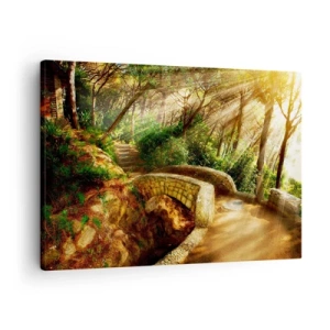 Impression sur toile - Image sur toile - Paysage forestier avec des rayons de soleil et un pont de pierre - 70x50cm - Directement du pont dans une forêt de conte de fées - Décoration murale moderne pour le salon et la chambre ARTTOR