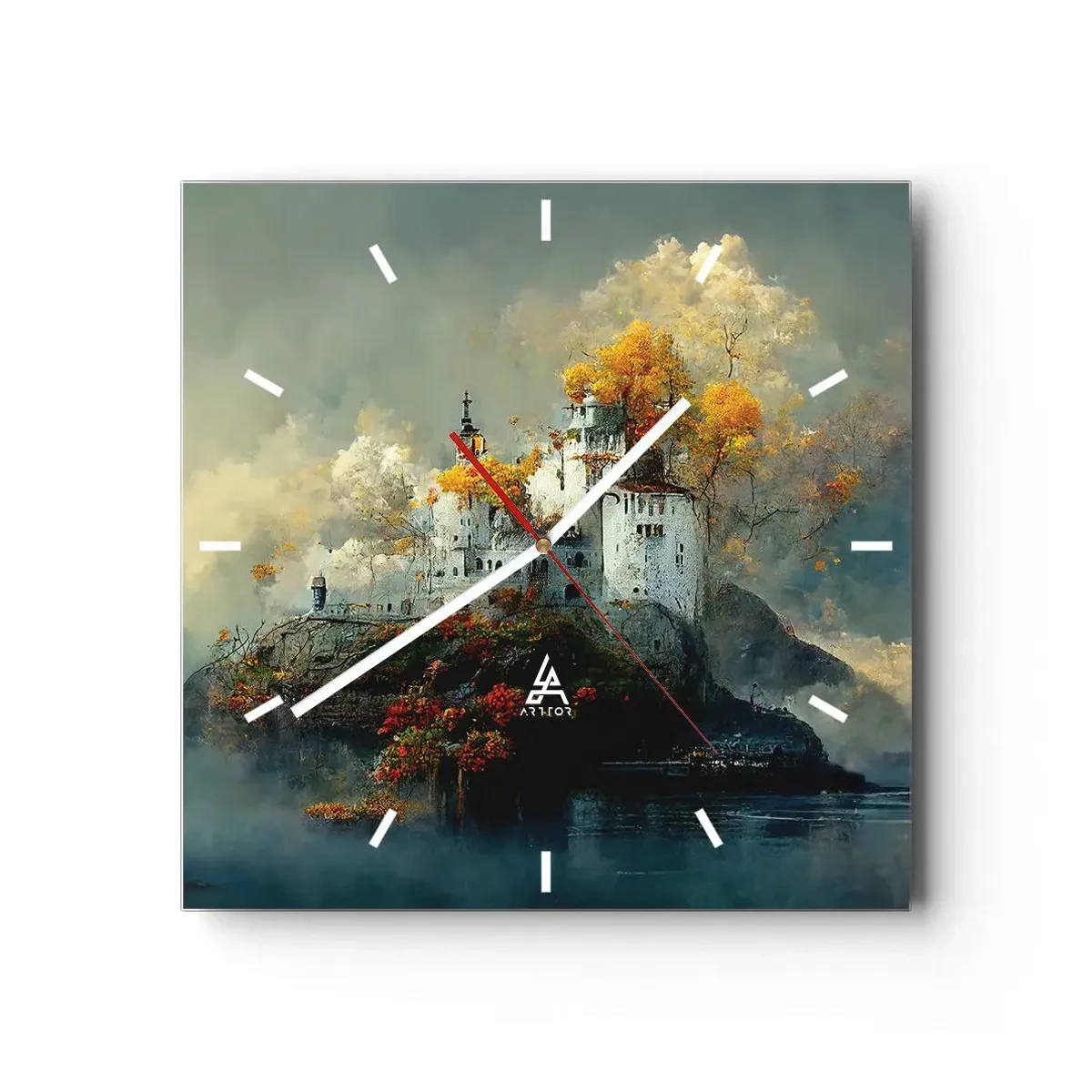 Horloge murale - Pendule murale - Un château sur une colline entouré d'arbres d'automne - 30x30cm - Le début d'une histoire romantique - Décoration murale moderne pour le salon et la chambre ARTTOR