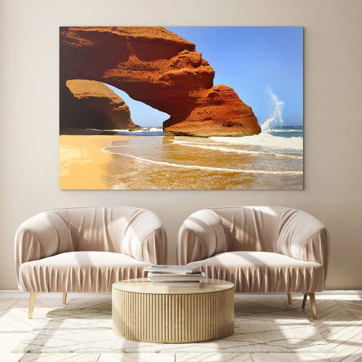 Impression sur verre - Image sur verre - Arches de roche rouge sur la plage et l'océan - 120x80cm - L'eau et le vent depuis des milliers d'années - Décoration murale moderne pour le salon et la chambre ARTTOR
