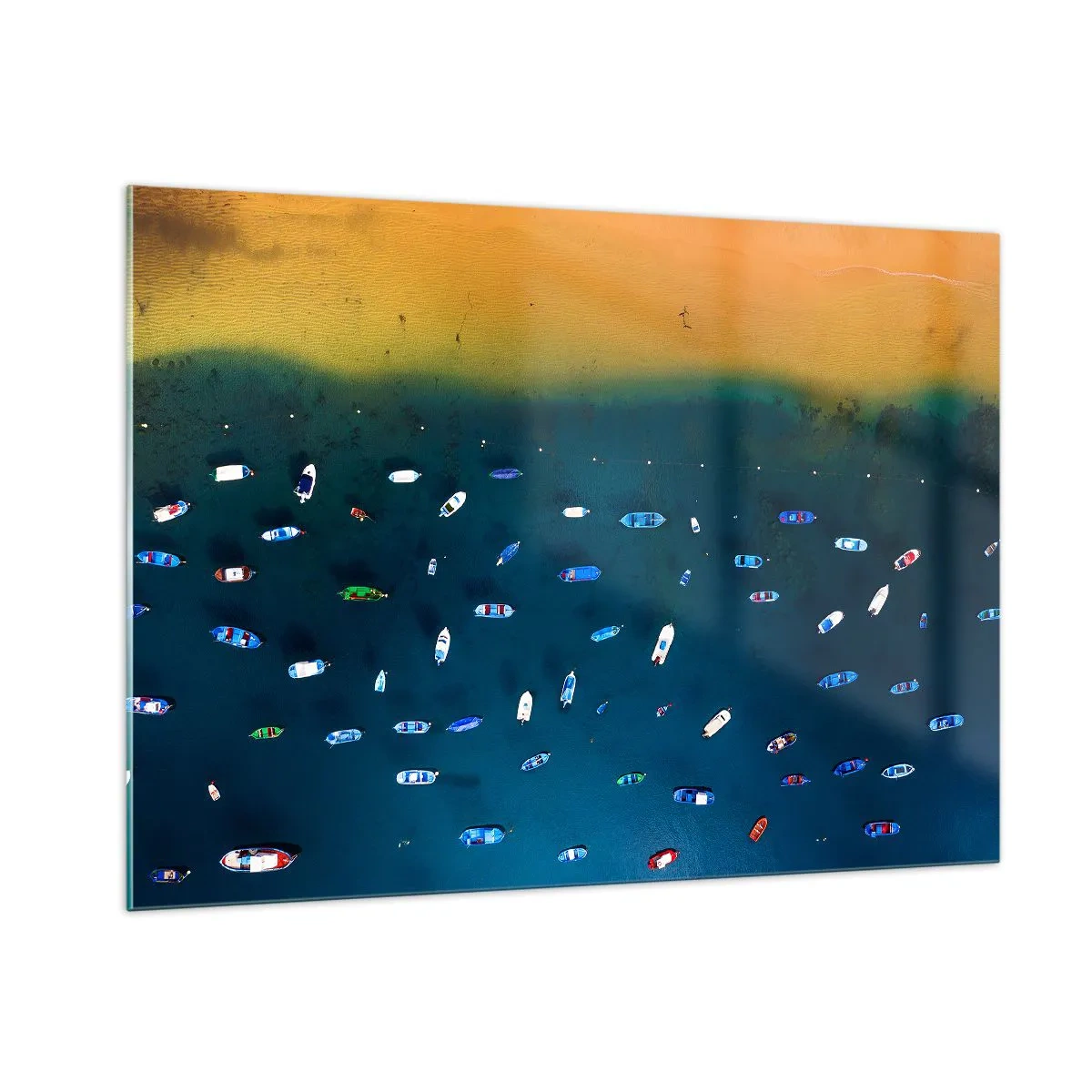 Impression sur verre - Image sur verre - Des bateaux sur fond d'eau turquoise et de rivage doré - 100x70cm - Jeu de vacances - Décoration murale moderne pour le salon et la chambre ARTTOR