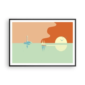 Affiche dans un cadre noir - Poster - Un paysage marin minimaliste avec un voilier et un coucher de soleil - 100x70cm - Paysage idéal de la mer - Décoration murale moderne pour le salon et la chambre ARTTOR