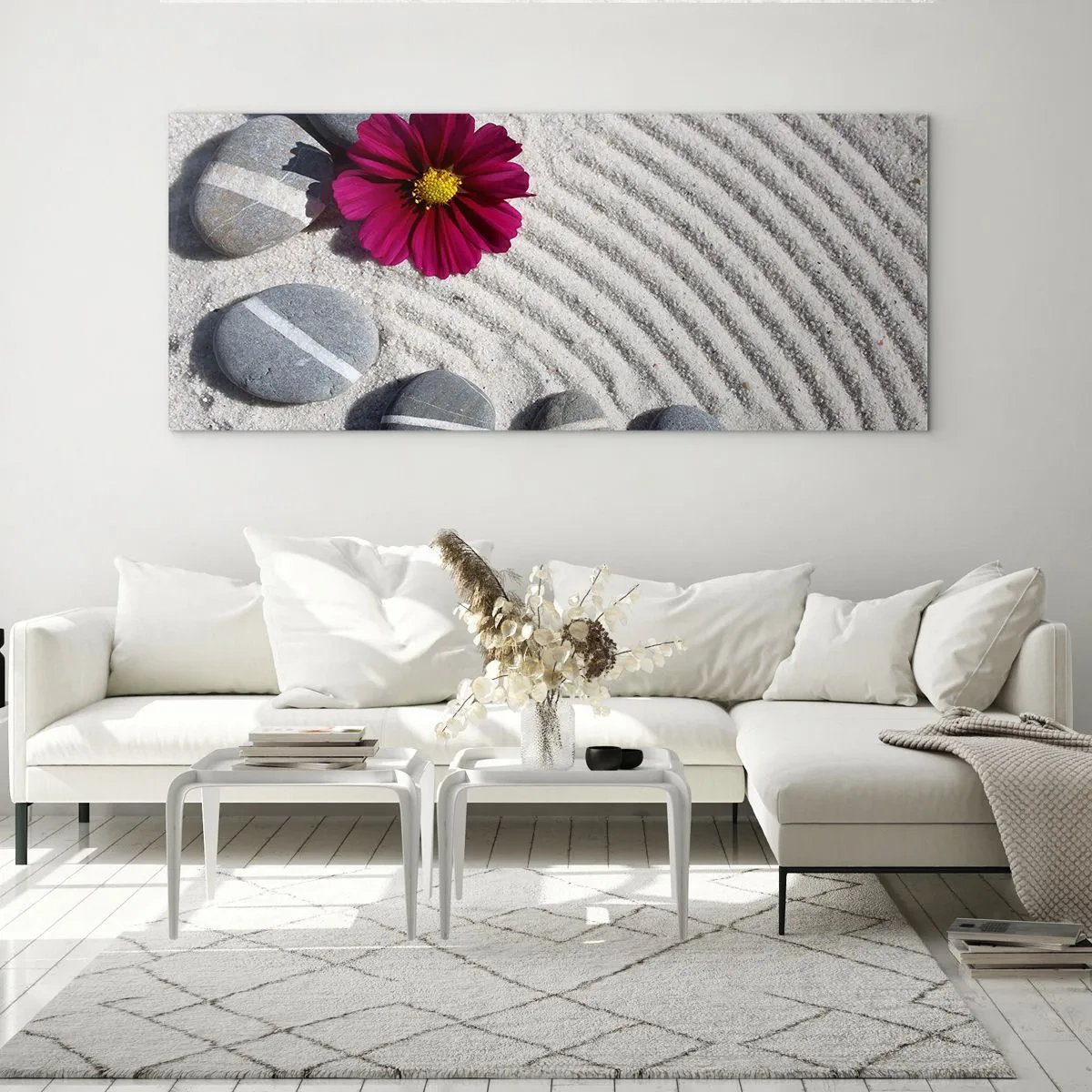 Impression sur verre - Image sur verre - Des pierres et une fleur rose sur le sable dans un style zen - 160x50cm - Énergie et paix du cercle magique de la nature - Décoration murale moderne pour le salon et la chambre ARTTOR