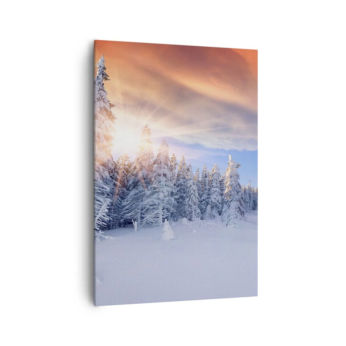 Impression sur toile - Image sur toile - Paysage d'hiver avec une forêt enneigée au coucher du soleil - 70x100cm - Un spectacle enneigé de la nature - Décoration murale moderne pour le salon et la chambre ARTTOR