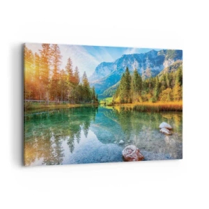 Impression sur toile - Image sur toile - Un lac pittoresque entouré de montagnes et de forêts - 120x80cm - Douceur automnale - Décoration murale moderne pour le salon et la chambre ARTTOR