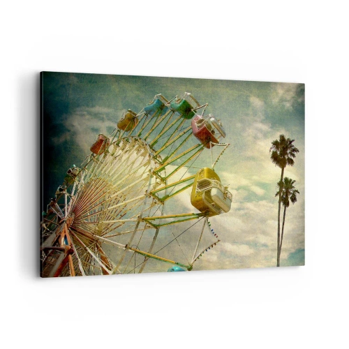 Impression sur toile - Image sur toile - Photo rétro d'une grande roue avec des palmiers contre le ciel - 100x70cm - On va faire la fête - Décoration murale moderne pour le salon et la chambre ARTTOR