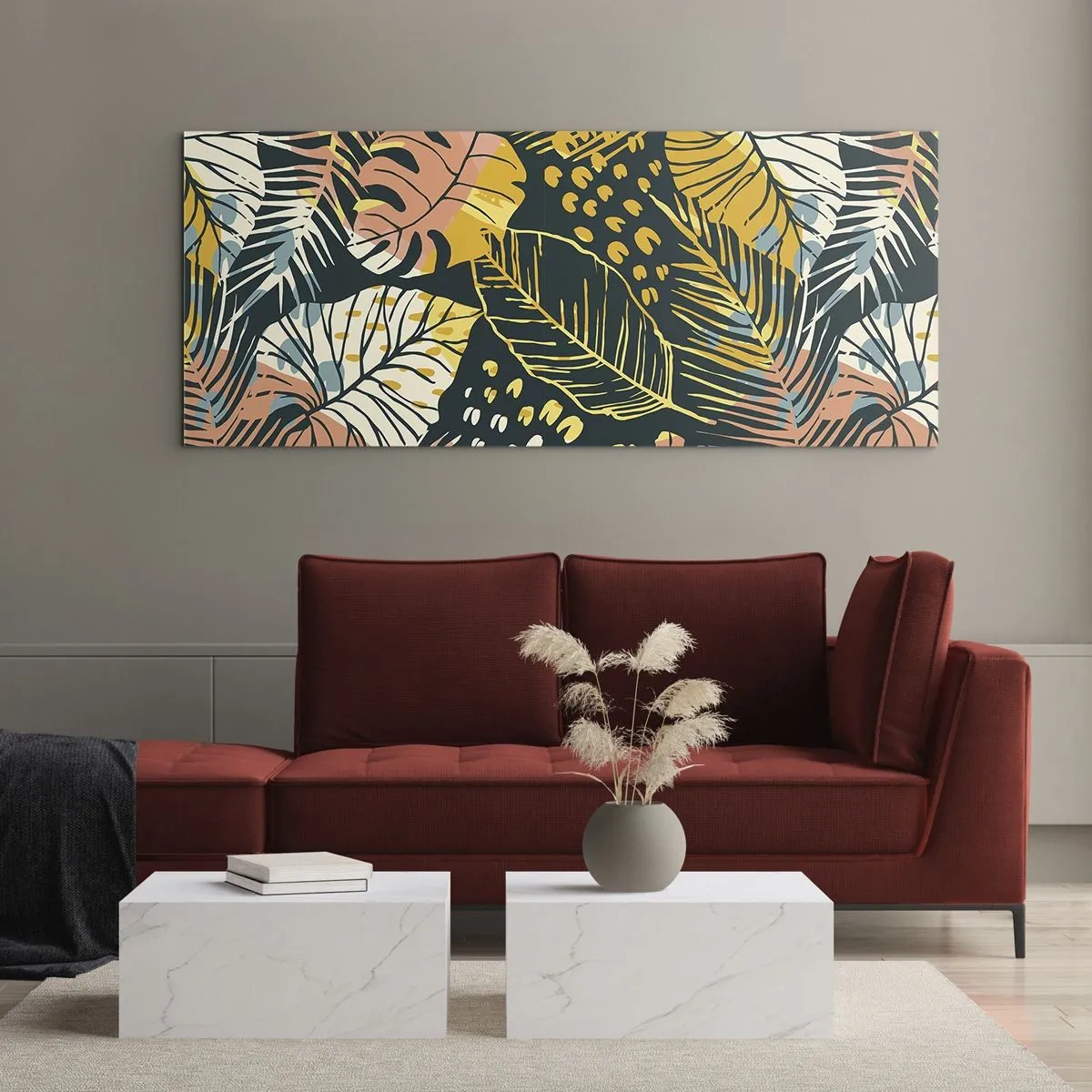 Impression sur verre - Image sur verre - Feuilles colorées sur fond sombre - 160x50cm - Fantaisie feuillue - Décoration murale moderne pour le salon et la chambre ARTTOR