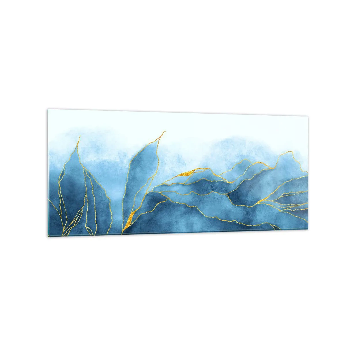 Impression sur verre - Image sur verre - Vagues abstraites dans des tons de bleu avec des accents dorés - 120x50cm - Bleu doré - Décoration murale moderne pour le salon et la chambre ARTTOR