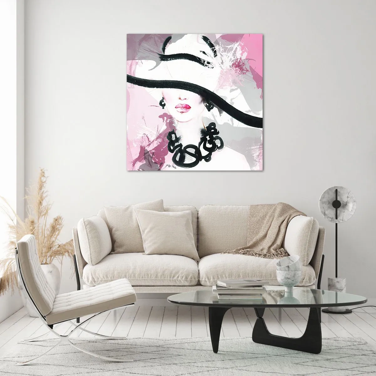 Impression sur verre - Image sur verre - Portrait d'une dame en noir et rose - 70x70 cm