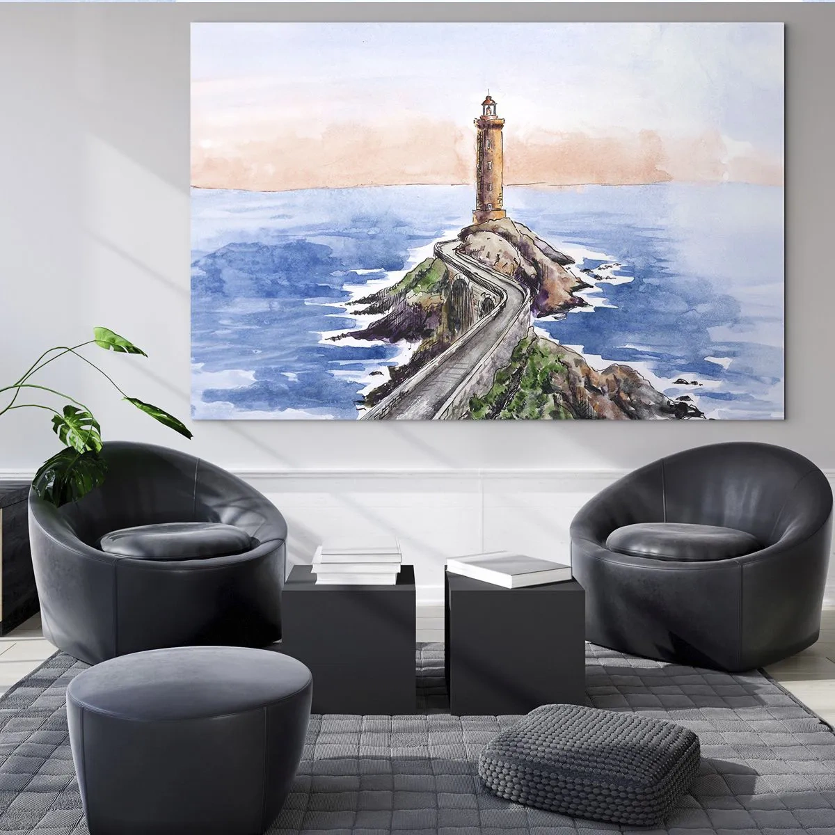 Impression sur verre - Image sur verre - Un phare sur un promontoire rocheux entouré d'une mer calme - 120x80cm - Face à la mer - Décoration murale moderne pour le salon et la chambre ARTTOR