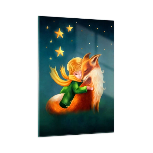 Impression sur verre - Image sur verre - Le Petit Prince serrant un renard dans ses bras sous un ciel étoilé - 50x70cm - Petit Prince - Décoration murale moderne pour le salon et la chambre ARTTOR
