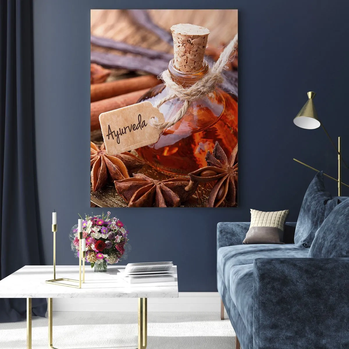 Impression sur verre - Image sur verre - Une bouteille d'huile d'épices sur un plateau - 80x120cm - Vers l'unité du corps et de l'esprit - Décoration murale moderne pour le salon et la chambre ARTTOR