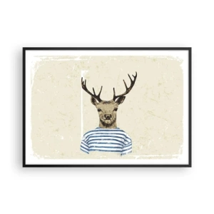 Affiche dans un cadre noir - Poster - Un cerf en chemise rayée sur un fond clair avec une texture délicate - 100x70cm - Parce que j'aime les chemises rayées - Décoration murale moderne pour le salon et la chambre ARTTOR