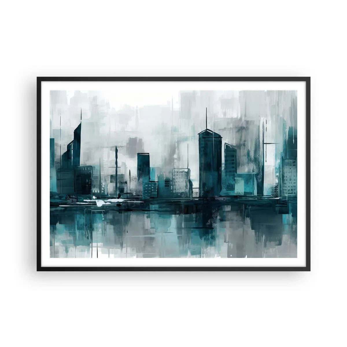 Affiche dans un cadre noir - Poster - Une ville moderne aux tons turquoise et gris - 100x70cm - Une ville couleur de pluie - Décoration murale moderne pour le salon et la chambre ARTTOR