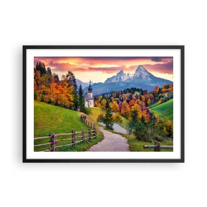 Affiche dans un cadre noir - Poster - Paysage de montagne d'automne avec une chapelle et un coucher de soleil - 70x50cm - Paysage comme peind - Décoration murale moderne pour le salon et la chambre ARTTOR