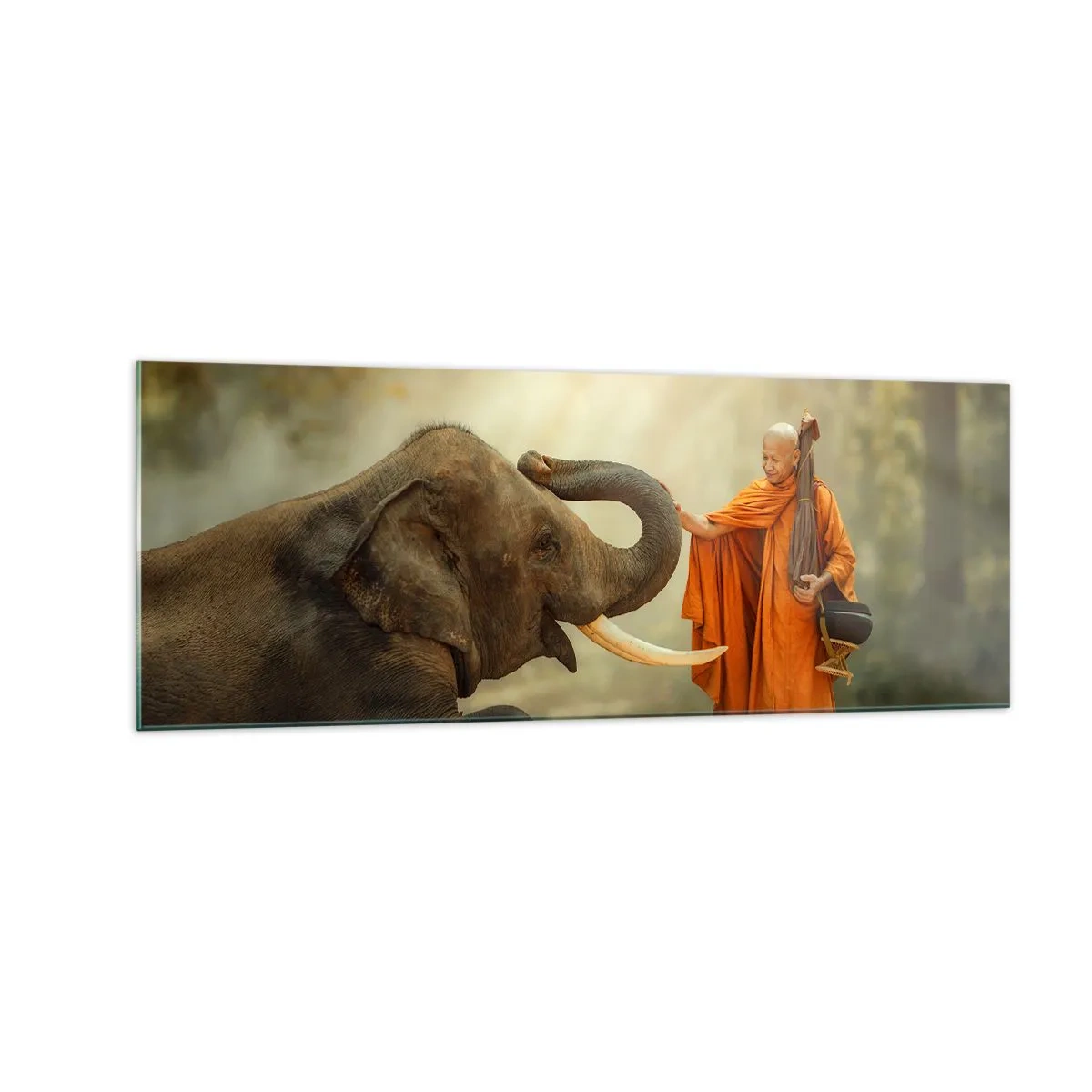 Impression sur verre - Image sur verre - Un moine et un éléphant en harmonie avec la nature en toile de fond - 140x50cm - Rencontre en voyageant - Décoration murale moderne pour le salon et la chambre ARTTOR