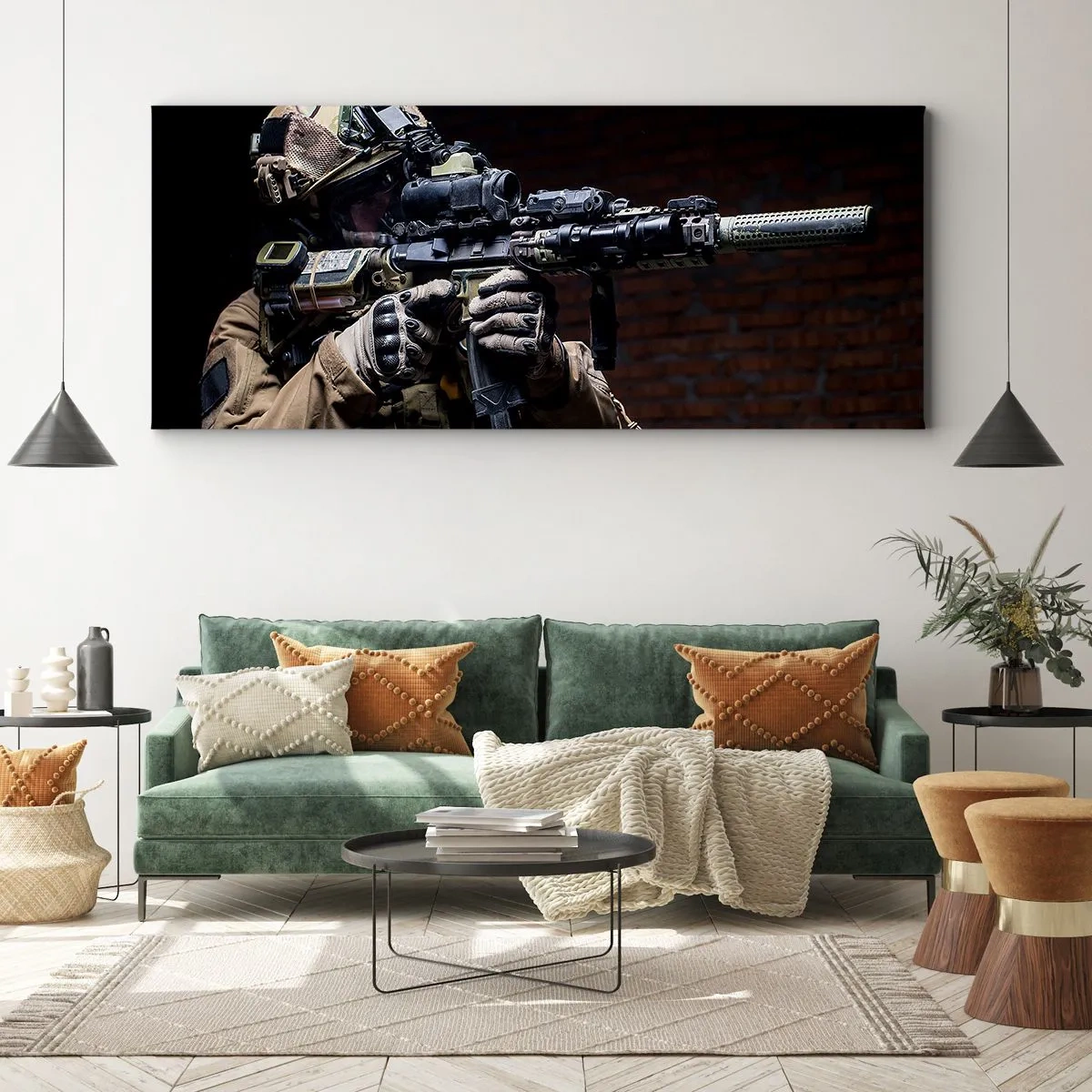 Impression sur toile - Image sur toile - Un soldat en équipement complet avec un fusil - 160x50cm - Meurtrier efficace - Décoration murale moderne pour le salon et la chambre ARTTOR