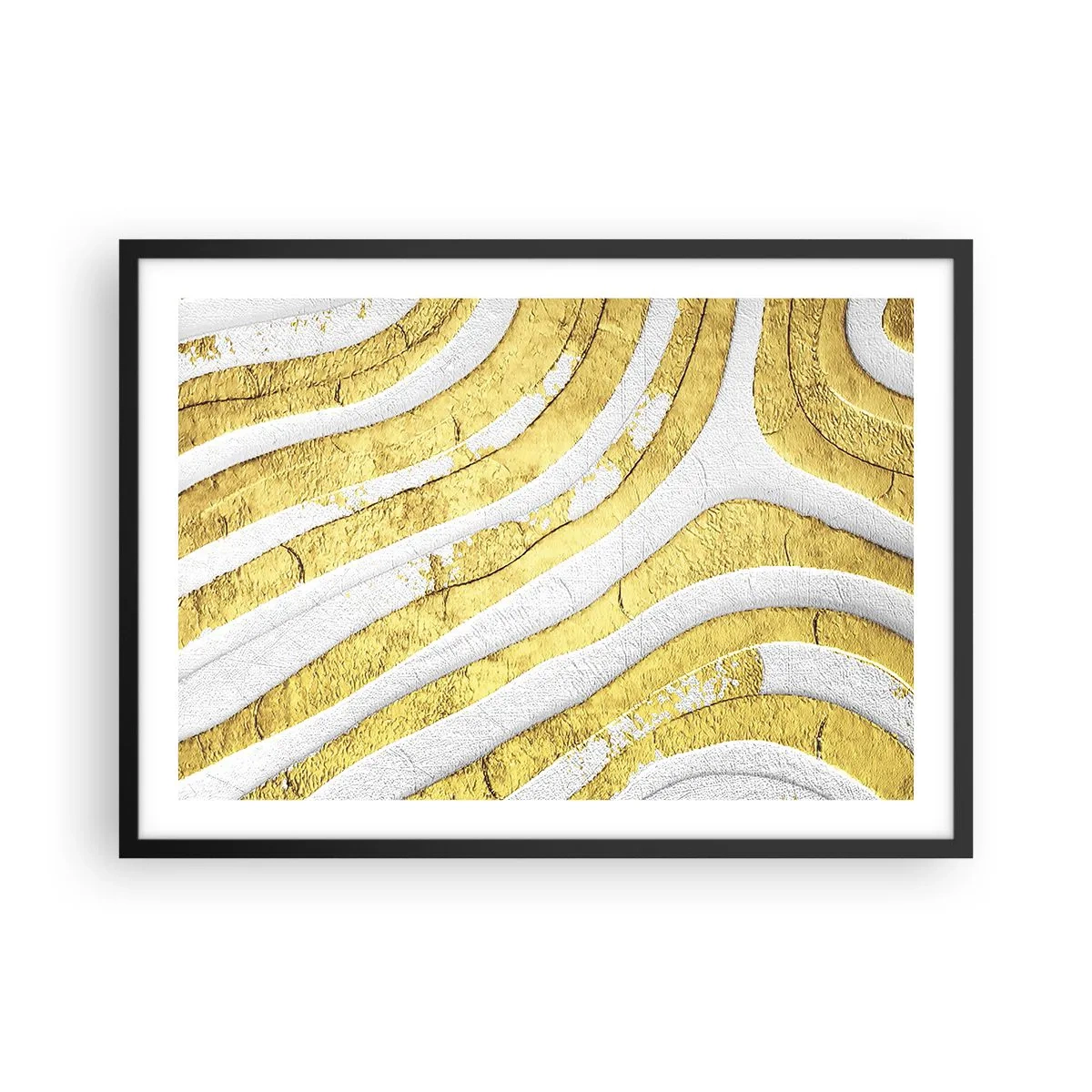 Affiche dans un cadre noir - Poster - Lignes abstraites dorées et blanches dans une texture 3D - 70x50cm - Composition en blanc et or - Décoration murale moderne pour le salon et la chambre ARTTOR