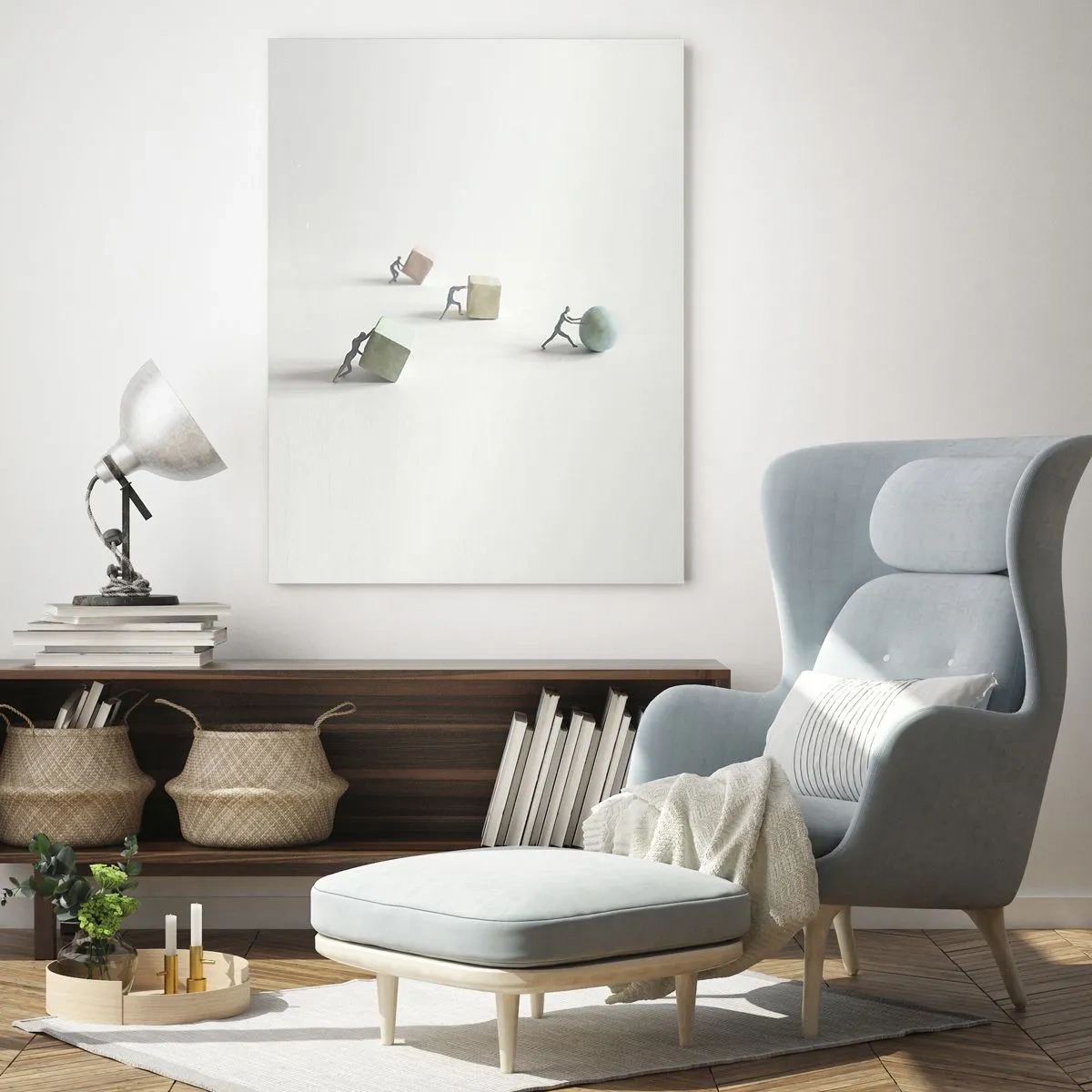 Impression sur verre - Image sur verre - Des figurines miniatures roulent et poussent des formes géométriques. - 50x70cm - Rien que la vie - Décoration murale moderne pour le salon et la chambre ARTTOR