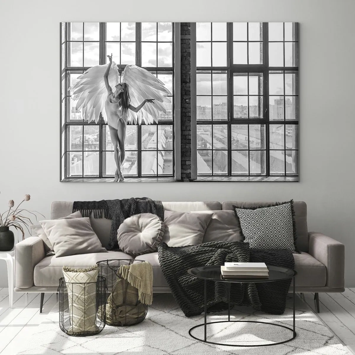 Impression sur verre - Image sur verre - Ballerine avec des ailes d'ange en noir et blanc - 120x80cm - La ville des anges? - Décoration murale moderne pour le salon et la chambre ARTTOR
