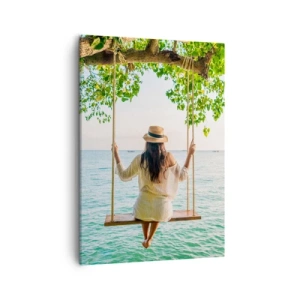 Impression sur toile - Image sur toile - Femme sur une balançoire au bord de la mer dans un paysage tropical - 50x70cm - La vie est belle - Décoration murale moderne pour le salon et la chambre ARTTOR