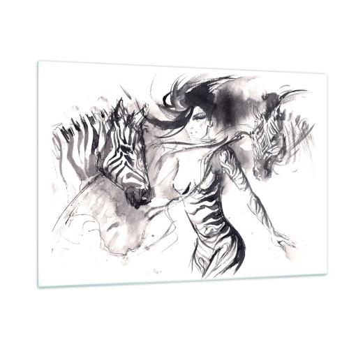 Impression sur verre - Image sur verre - Composition en noir et blanc avec une femme et un zèbre dans un style artistique - 120x80cm - Danse avec les zèbres - Décoration murale moderne pour le salon et la chambre ARTTOR