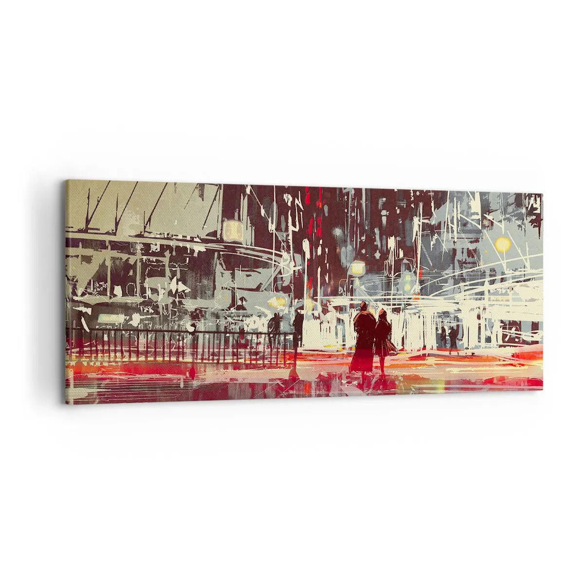 Impression sur toile - Image sur toile - Ville la nuit avec des néons et des silhouettes de personnes dans la rue - 120x50cm - Une grande traversée de ville - Décoration murale moderne pour le salon et la chambre ARTTOR