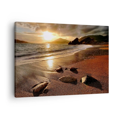Impression sur toile - Image sur toile - Plage au coucher du soleil avec des pierres sur le rivage - 70x50cm - Suivez le soleil sur les collines - Décoration murale moderne pour le salon et la chambre ARTTOR