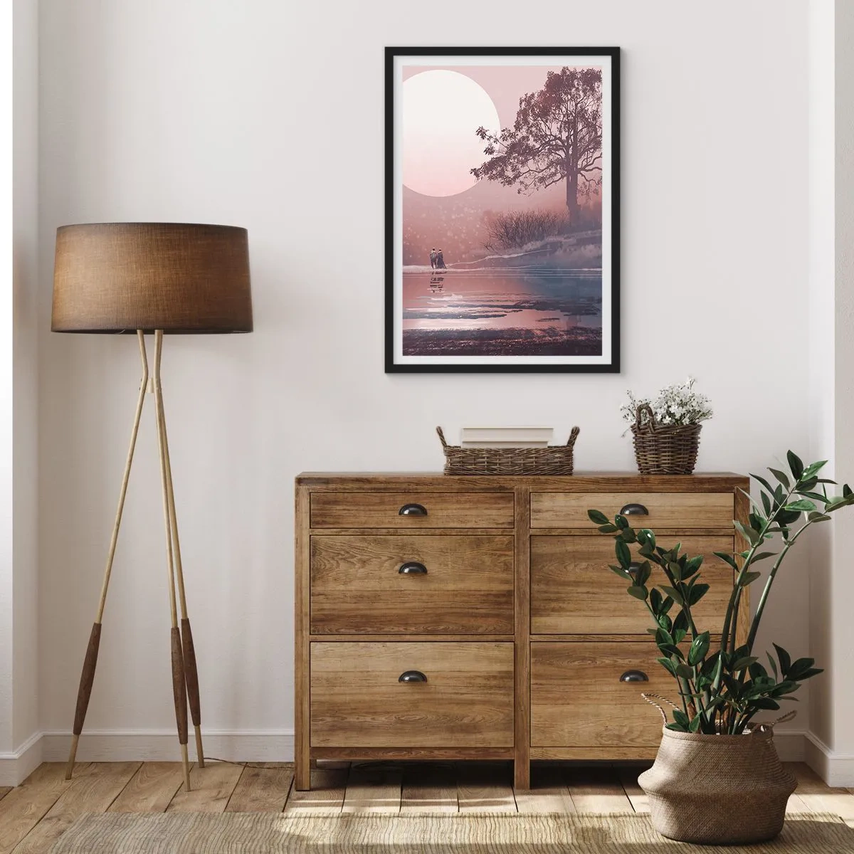 Affiche dans un cadre noir - Poster - Paysage romantique avec la lune et un arbre au bord de l'eau - 50x70cm - Merveilles de la nuit - Décoration murale moderne pour le salon et la chambre ARTTOR