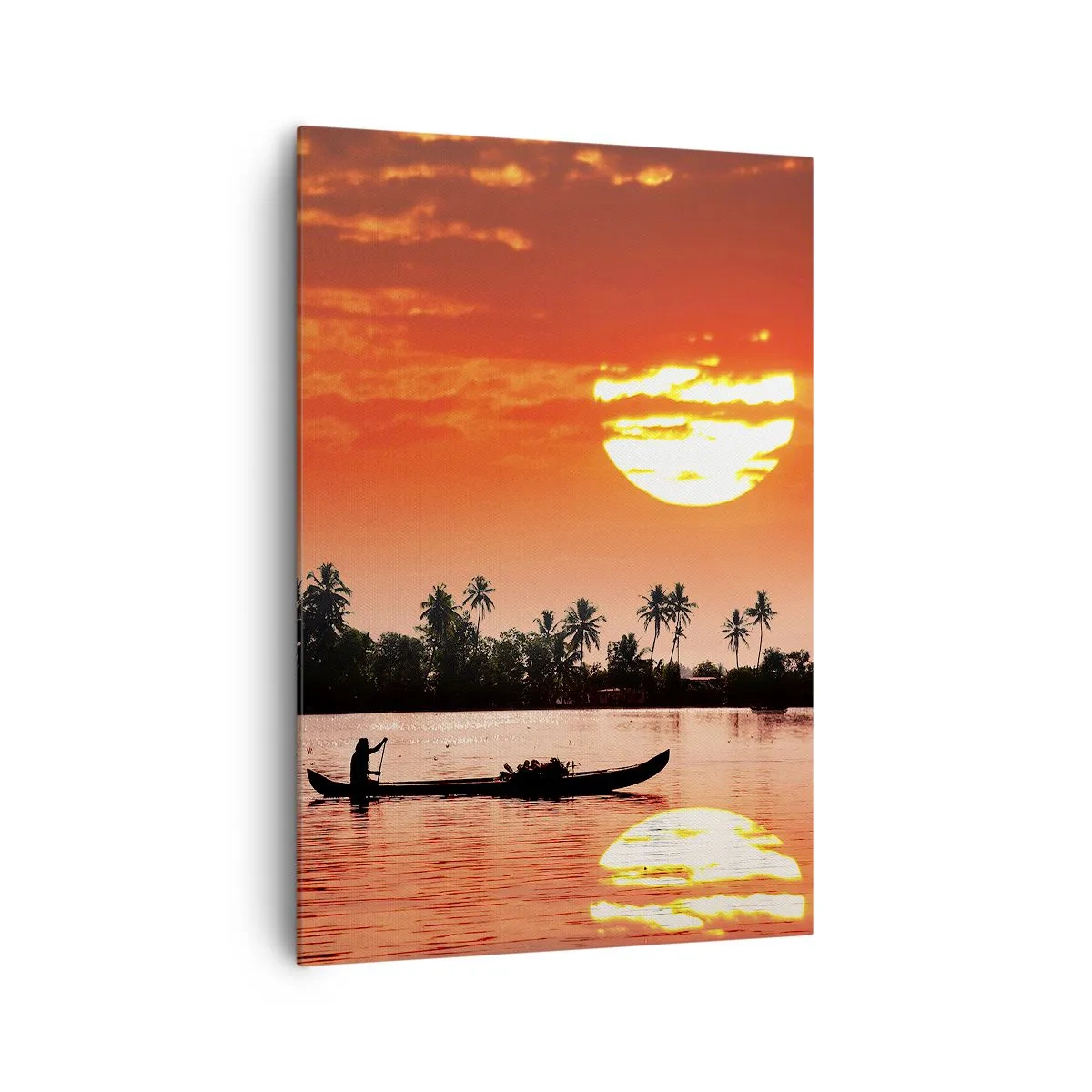 Impression sur toile - Image sur toile - Coucher de soleil tropical avec un bateau et des palmiers en arrière-plan - 70x100cm - La tranquillité des tropiques au coucher du soleil - Décoration murale moderne pour le salon et la chambre ARTTOR