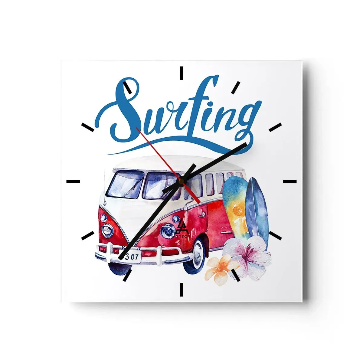 Horloge murale - Pendule murale - Des graphismes colorés avec un thème de bus et de surf - 30x30cm - Concombre - un classique pour un surfeur - Décoration murale moderne pour le salon et la chambre ARTTOR