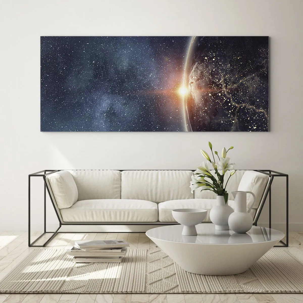 Impression sur verre - Image sur verre - La Terre vue de l'espace avec le soleil levant - 160x50cm - Dans une nouvelle perspective - Décoration murale moderne pour le salon et la chambre ARTTOR