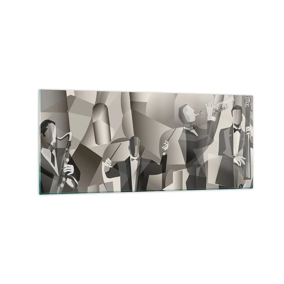 Impression sur verre - Image sur verre - Scène abstraite avec des musiciens de jazz dans des tons de gris. - 120x50cm - Dans l'espace des sons - Décoration murale moderne pour le salon et la chambre ARTTOR