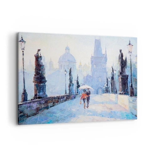 Impression sur toile - Image sur toile - Couple romantique sur un pont sous la pluie, une scène picturale - 100x70cm - La pluie a dû nous charmer - Décoration murale moderne pour le salon et la chambre ARTTOR