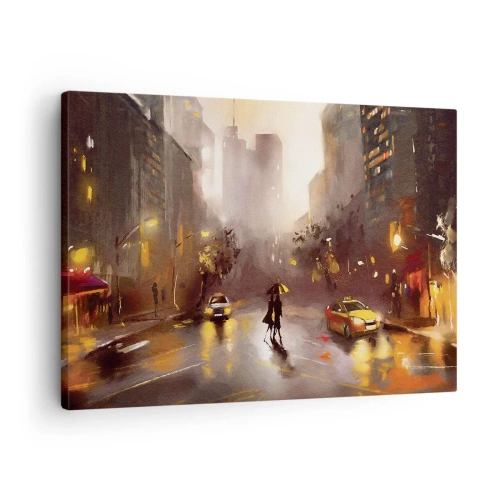 Impression sur toile - Image sur toile - Une scène urbaine la nuit à la lumière des lampadaires et des reflets sur une rue mouillée. - 70x50cm - Dans les lumières de New-York - Décoration murale moderne pour le salon et la chambre ARTTOR