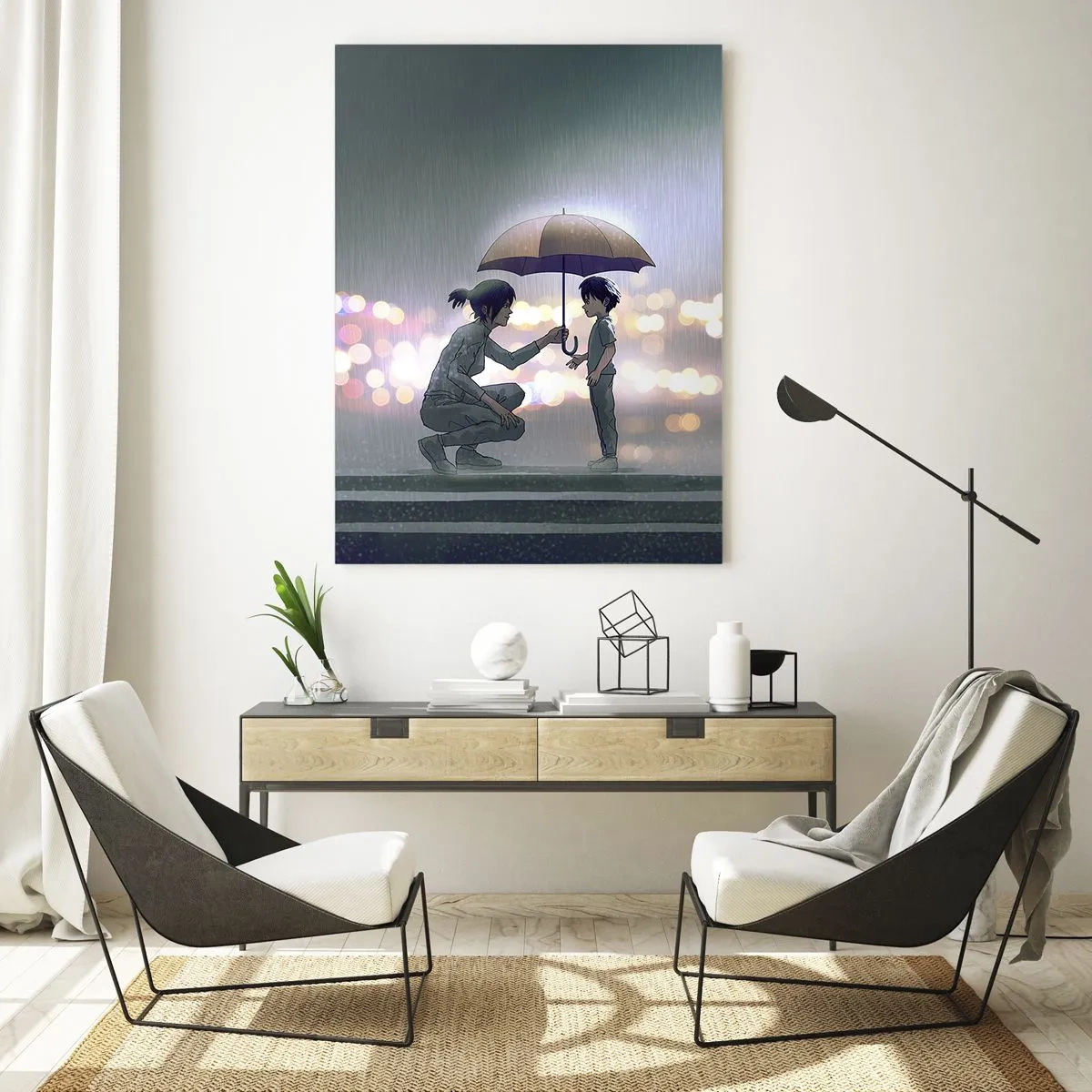 Impression sur verre - Image sur verre - Une silhouette avec un parapluie protégeant un enfant sur fond de lumières nocturnes. - 80x120cm - Et maintenant, tout va bien - Décoration murale moderne pour le salon et la chambre ARTTOR