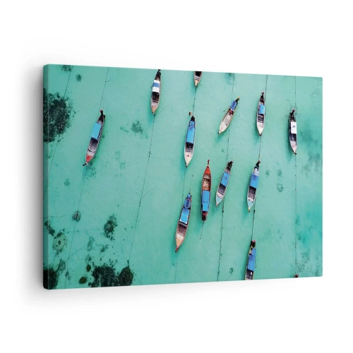 Impression sur toile - Image sur toile - Vue aérienne de bateaux sur une eau turquoise - 70x50cm - Dans une attente jouyeuse - Décoration murale moderne pour le salon et la chambre ARTTOR
