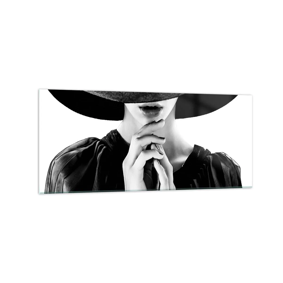 Impression sur verre - Image sur verre - Femme élégante portant un grand chapeau dans des tons de noir et blanc - 120x50cm - Beauté cachée - Décoration murale moderne pour le salon et la chambre ARTTOR
