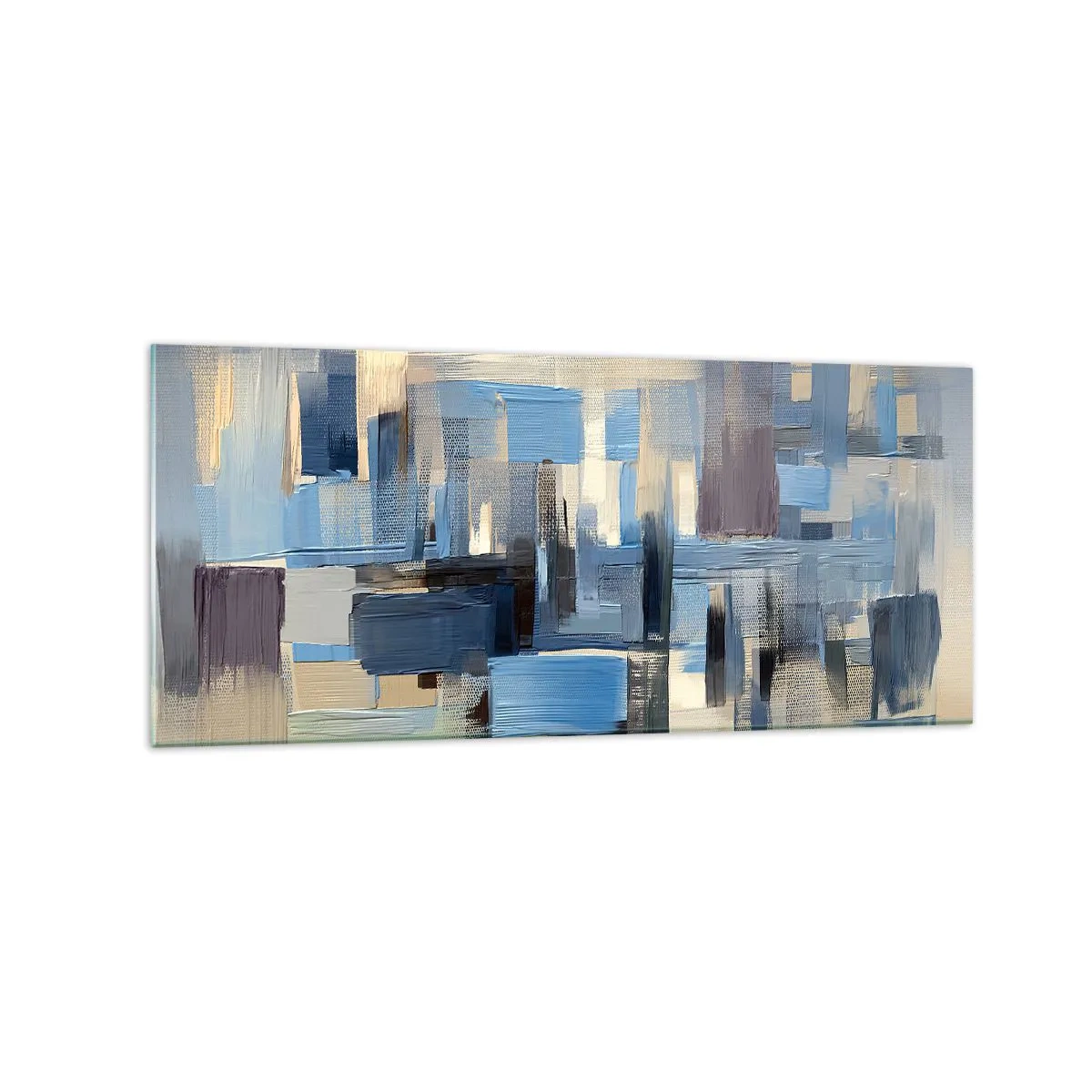 Impression sur verre - Image sur verre - Formes géométriques dans les tons de bleu et de beige - 120x50cm - Construction bleue - Décoration murale moderne pour le salon et la chambre ARTTOR