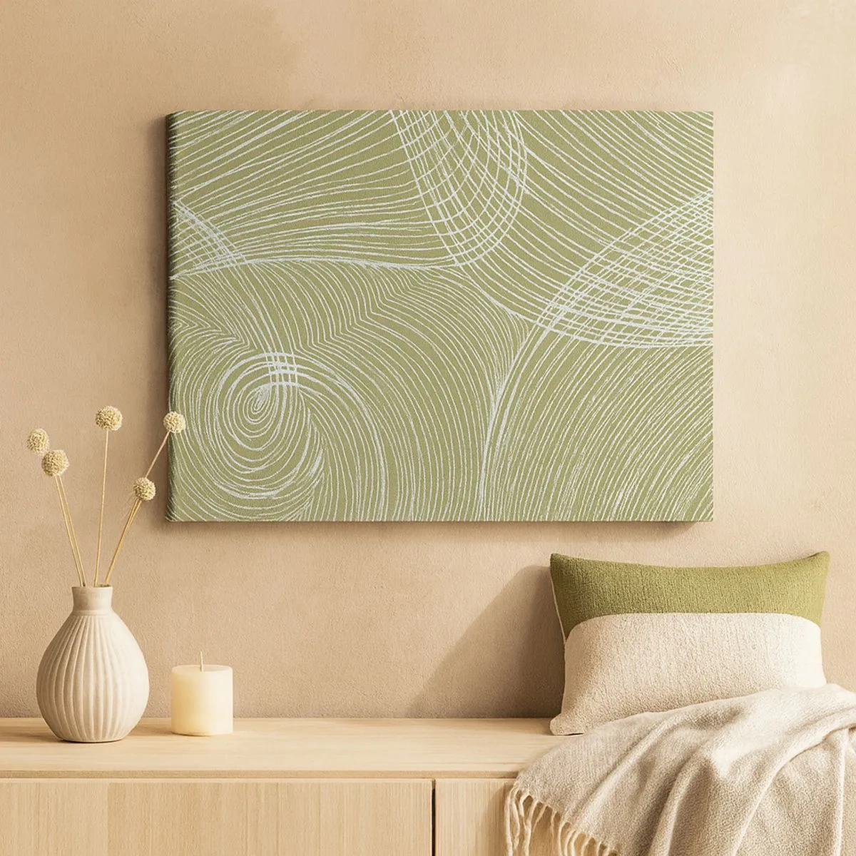 Impression sur toile - Image sur toile - Lignes vertes et blanches dans une composition abstraite - 70x50cm - Abstraction complexe de blanc - Décoration murale moderne pour le salon et la chambre ARTTOR