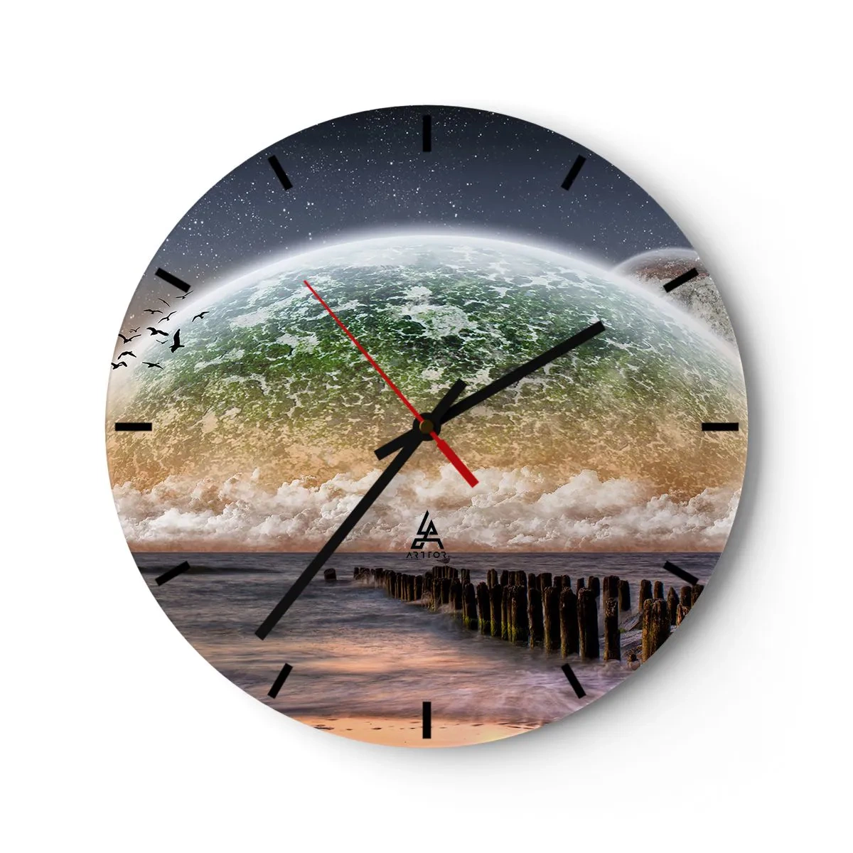 Horloge murale - Pendule murale - Paysage avec un globe et une mer calme - 30x30cm - Et le monde est sorti de l'eau - Décoration murale moderne pour le salon, la cuisine et la chambre ARTTOR